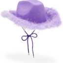 Zodaca Purple Cowboy Hat for Women - Fluffy Purple Sparkly Cowgirl Hat with Feathers for Halloween, Birthday, Bachelorette Party