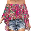 BEAUDRM Women's Y2K Floral Off Shoulder Blouse Boho Shirt Ruffle Half Bell Sleeve Blouses Shirred Vacation Beach Shirt Size Medium