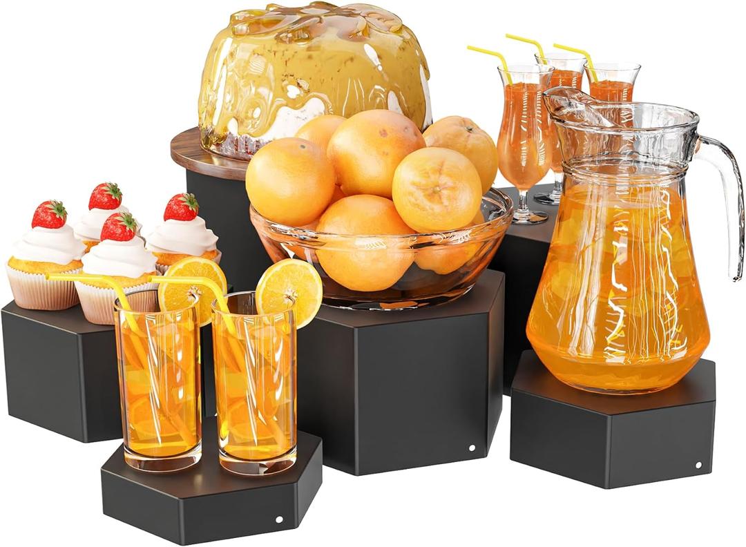Metal Buffet Risers,6PCS Hexagonal Jewelry Display Risers 2.76 in to 4.02 in Market Display Stands Metal Showcase for Catering Dessert Figures Decoration (Matte Black, 2.76IN to 4.02IN)