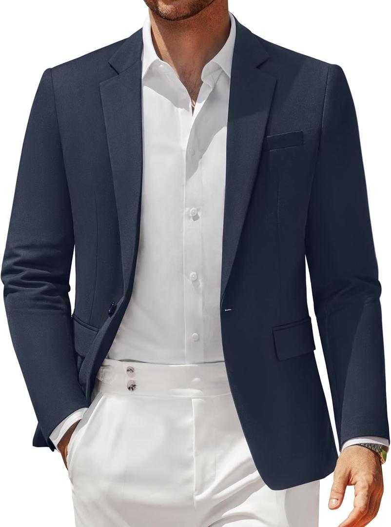 Vssjavun Blazer for Men Casual Suit Jackets Lightweight Sport Coat One Button Slim Fit Suits (Blue, L)