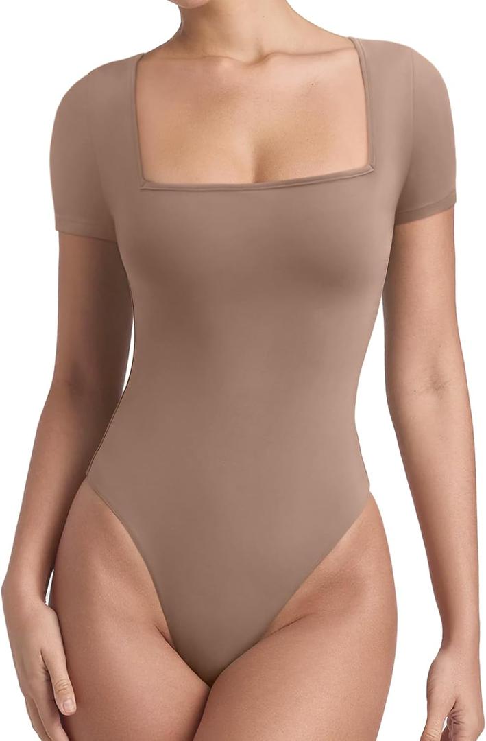 REORIA Womens Square Neck Bodysuits 2025 Short Sleeve Double Lined Basic Going Out Body Suits Tops (Small, Almond)