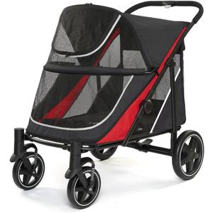 Large Dog Stroller-4 Wheel Pet Strollers for Medium Dogs or 2 Dogs- One-Click Foldable - Large Breathable Mesh & Sunroof - All Terrain Pet Stroller for Medium Senior Dog up to 88 lbs (Black-Red)