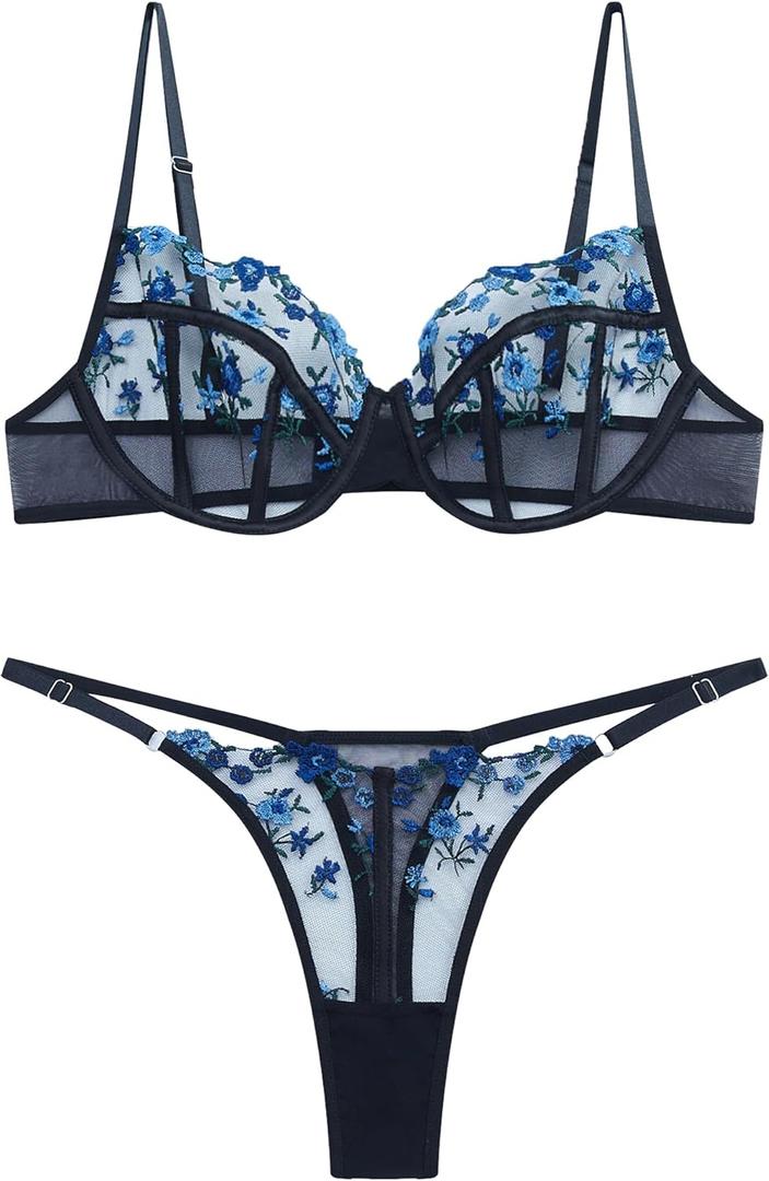 Lingerie Sexy Bra and Panty Set for Women See Through Sheer Underwear Cute Exotic Foral Embroidery Babydoll Suit (Large, Blackblue)