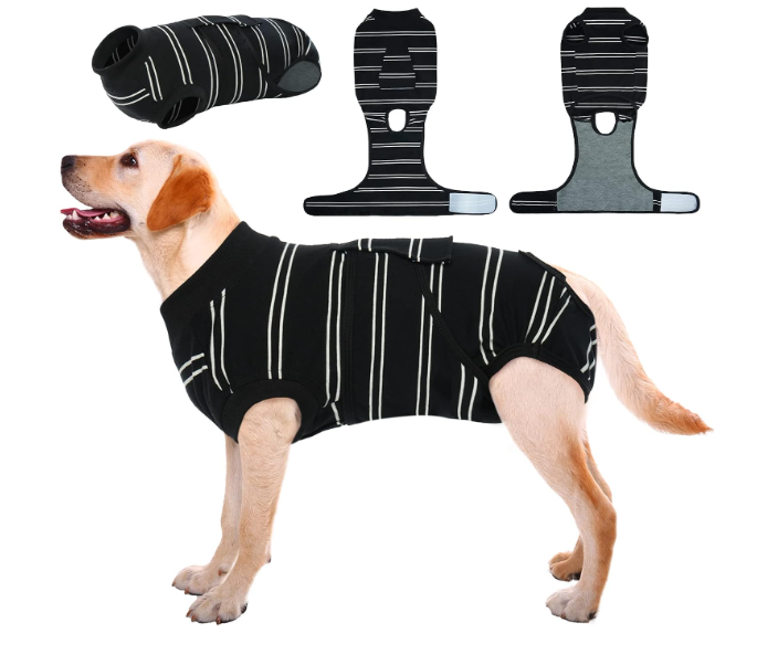 Kuoser Dog Surgery Recovery Suit, Soft Breathable Dog Recovery Suit for Female Spay Male Nueuter, Anti Licking Puppy Onesie Pet Surgical Suit for Dogs Abdominal Wounds Skin Disease, Black Strips, L
