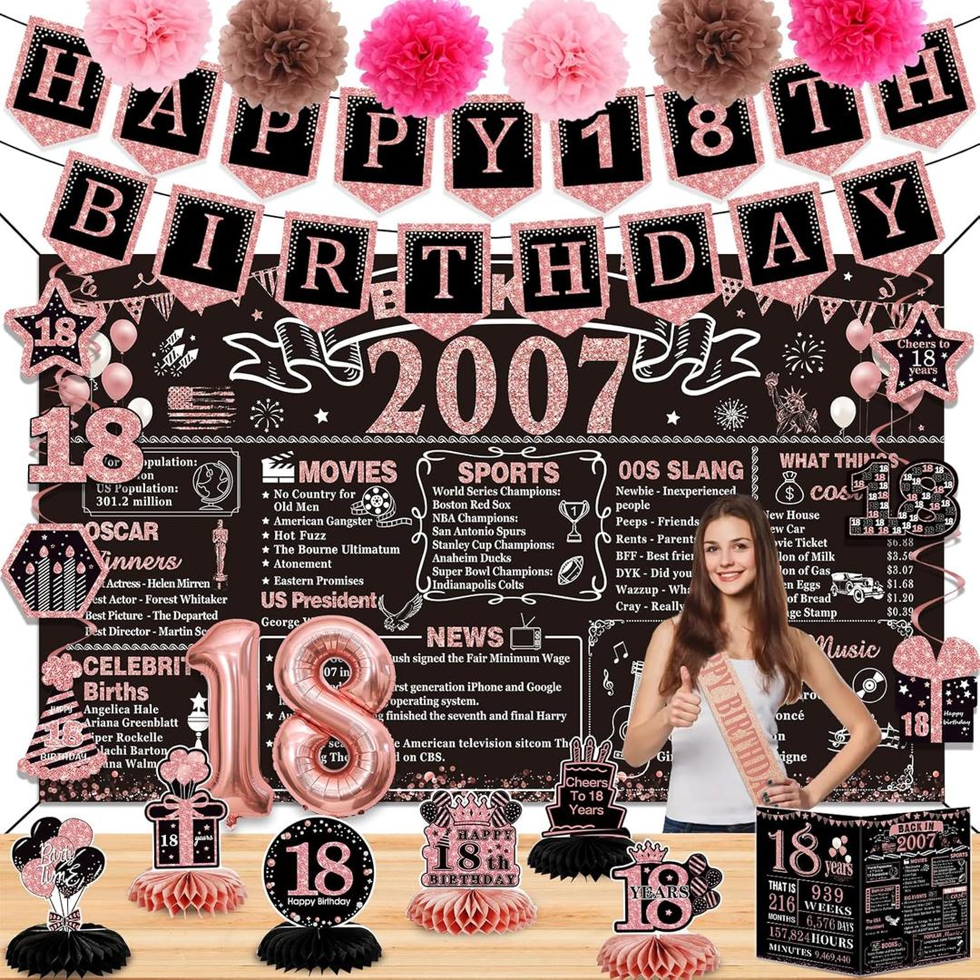 24PCS 2007 Birthday Decorations, Rose Gold Honeycomb Topper, 18 Balloons, Cheers to 18 Years Banner, Hanging Swirl, Paper Poms, Anniversary Card, Sash