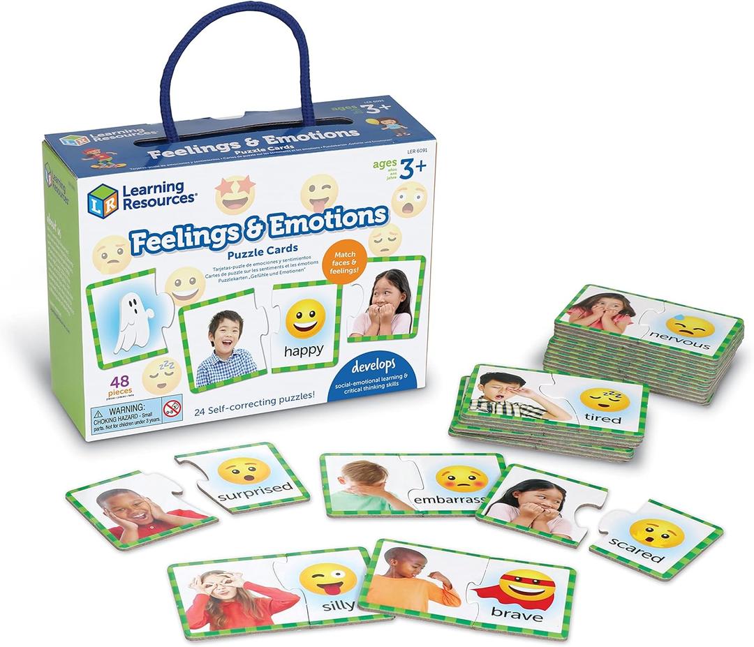 Learning Resources Feelings & Emotions Puzzle Cards, 48 Pieces, Ages 3+, Social Skills, speech therapy materials, Social Emotional Learning Toys and Games for Kids (Medium)
