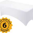 6-Pack Premium White Spandex Tablecloths for 8ft Rectangle Tables, Stain & Wrinkle-Resistant, Washable Stretch Polyester Fitted Table Cover for Weddings, Banquets, Trade Shows Events