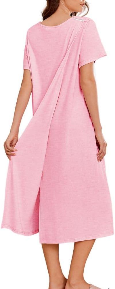Deyeek Open Back Hospital Gowns for Women Post Shoulder Surgery Dress Adaptive Clothing Night Robes for elderly plus size (Medium, Light Pink)