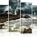 OuElegent 4 Piece Lighthouse Wall Decor Ocean Lightning Storm Pictures Artwork Lighthouse Art Canvas for Living Room Bedroom Wall DecorGallery Wrapped Ready to Hang(48''x32''), 12" x 24" x 2pcs + 12" x 32" x 2pcs