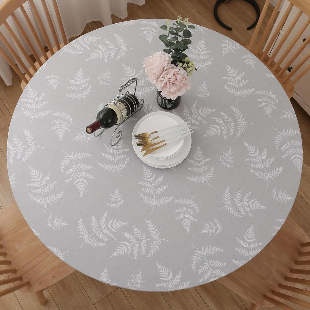 Round Vinyl Fitted Tablecloth, Waterproof Elastic Table Covers Wipeable Flannel Backed Tablecloths for Picnic Camping Indoor and Outdoor (Leaf,Grey, Fits 45" to 56" Diameter Tables)