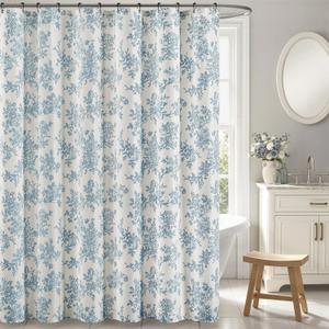 Blue Floral Shower Curtain, Linen Textured Fabric with 12 Rustproof Metal Hooks, Wrinkle Resistant Cloth Machine Washable Bathroom Decor for Cottagecore Style, W72* L72