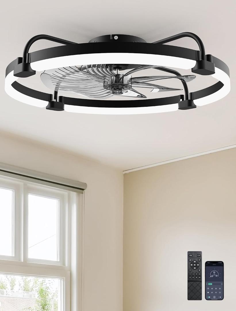 Ensenior Ceiling Fans with Lights and Remote, 24" Low Profile Ceiling Fan Flush Mount, APP Control, 6 Speed, 3CCT, Quiet Reversible DC Motor, Dimmable Modern Ceiling Fan with Light for Bedroom, Black