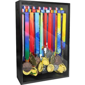 Medal Hanger Display Case, Dust-Proof 22"x15" Wall Mount medal holder with 3 Hanging Rods & Trophy Shelf, Holds 60+ Medals, HD Tempered Glass, Solid Wood, for gymanstics,race,soccer,swim