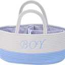 DUHEL Diaper Caddy Organizer with Handle,Baby Basket use for Diaper Organizer and Storage,Baby Boys Newborn Essentials,3 Compartments-Cotton rope Material Storage for Home or Travel.(WhiteBlue)