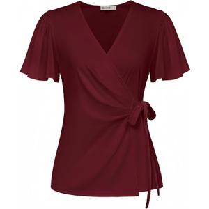 GRACE KARIN Women Deep V Neck Short Sleeve Sleeve Blouse Stretchy Dressy Tops Waist Wrap Peplum Top Burgundy L
