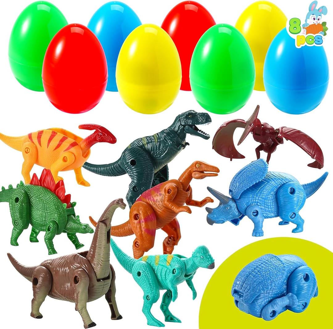 JOYIN 8 Pcs Easter Prefilled Eggs Filled with Deformable Transforming Dinosaur with Movable Joints for Easter Basket Stuffers, Kids Party Favors, Classroom Prize Supplies