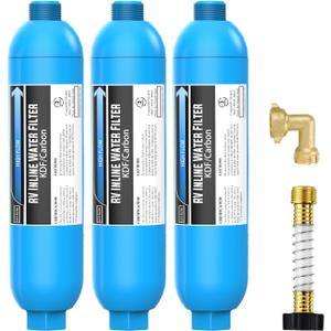 Lifefilter RV Inline Water Filter with Solid Brass 90 Degree Hose Elbow, Eliminates Stress and Strain On RV Water Intake Hose Fittings(3 Pack)