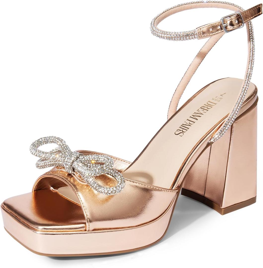 DREAM PAIRS Women's Double Bowknots Platform Chunky Heels Rhinestone High Square Toe Dress Sandals for Wedding Bridal Party (7, Rose Gold-pu)