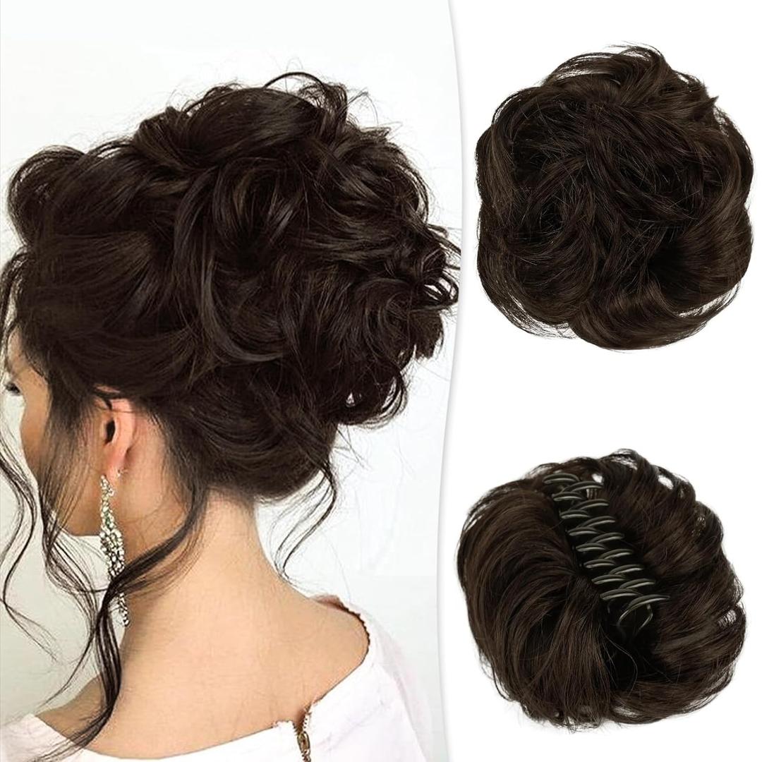 RUWISS Claw Clip Messy Bun Hair Piece Real Human Hair Buns Wavy Curly Chignon Hair Bun Extensions Hair Buns Claw Clip Tousled Updo Ponytail Hairpieces for WomenDark brown (40g)
