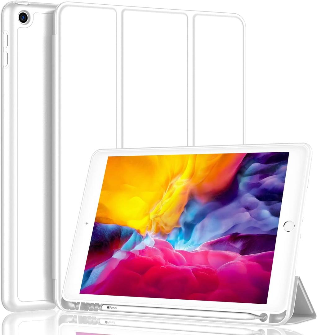 iPad 9.7 Case (2018/2017 Model, 6th/5th Generation), Smart Cover with Pencil Holder and Soft Baby Skin Silicone Back and Full Body Protection, Auto Wake/Sleep Cover (White)