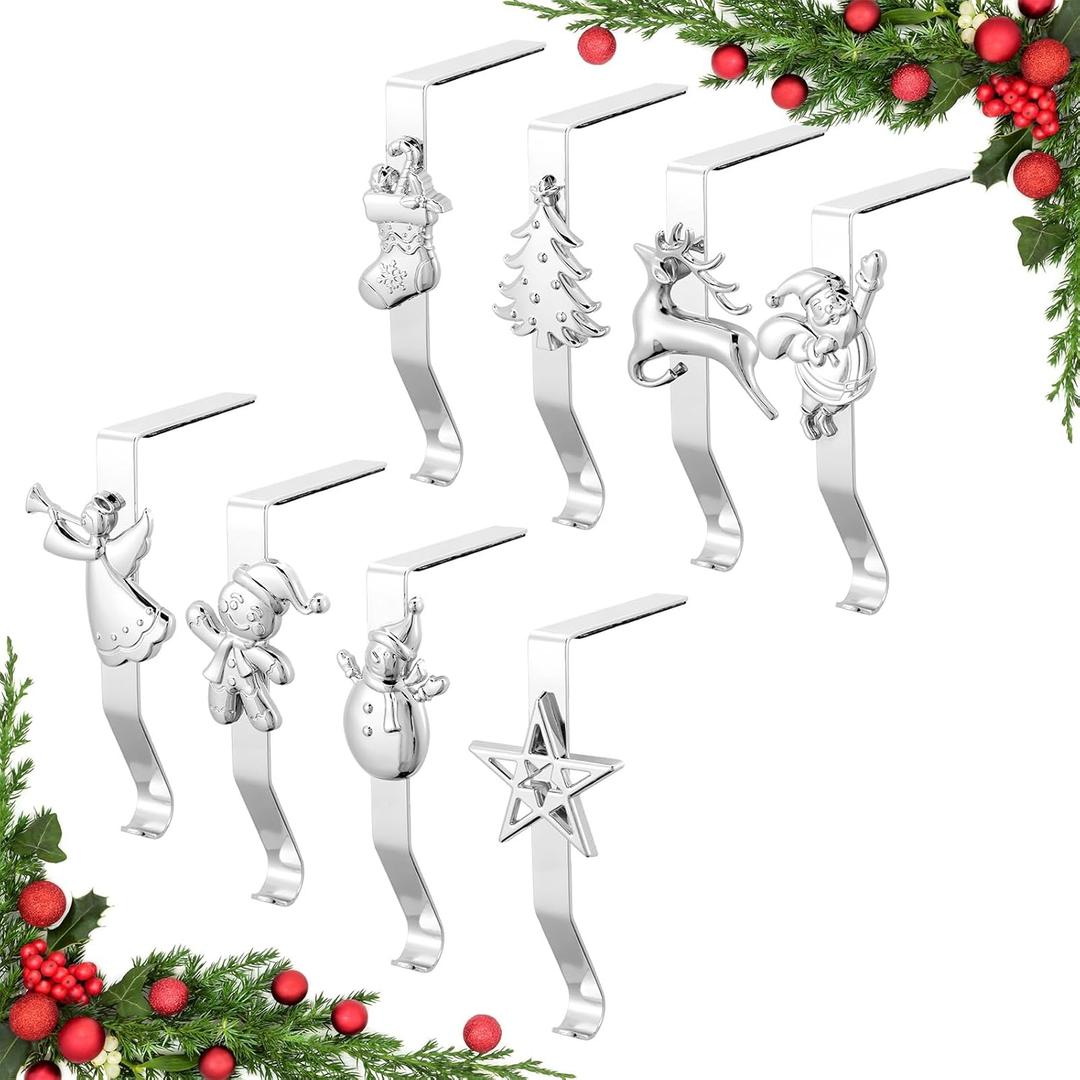 Stocking Holders for Mantle, Set of 8 Christmas Stocking Holders for Fireplace, Stocking Hangers for Mantel, Snowflake Reindeer Tree Santa Stocking Hooks for Christmas Mantel Decoration, Silver