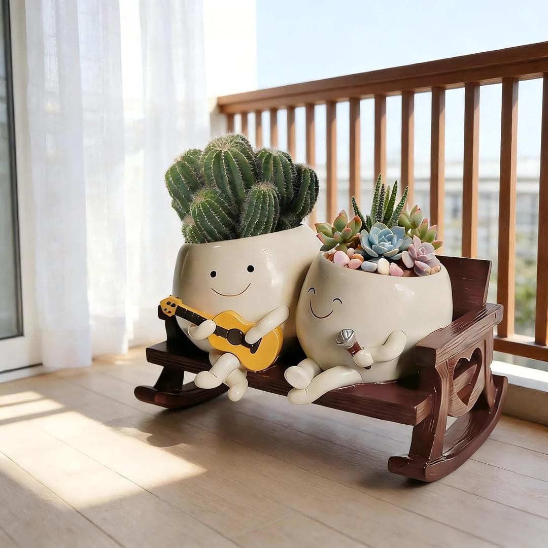 Smiley Face Planter Pot, Cute Funny Heart Rocking Chair Double Head Face Planter Pot with Unique Guitar and Microphone for Indoor Outdoor, Succulent Flower Pots with Drainage Hole