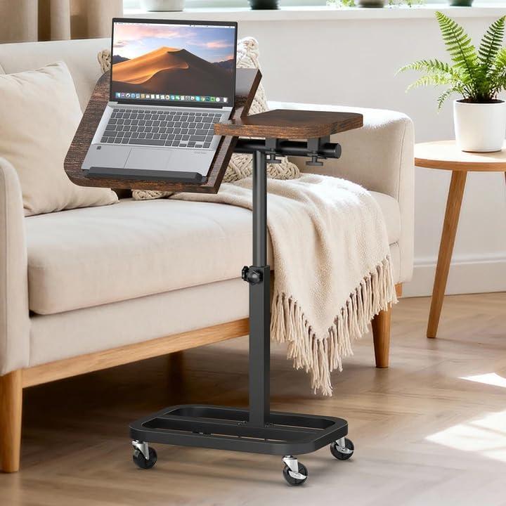 Large-Size Portable Laptop Rolling Desk with Wheels, Adjustable Height and Tilt Top Stable Mobile Over-Bed Table for Home Use - Brown