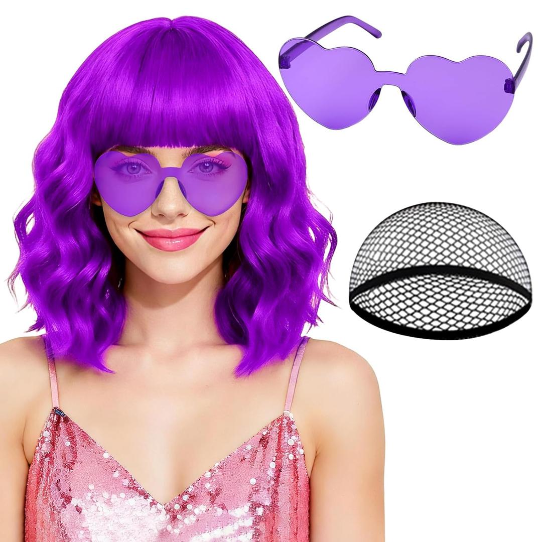 PLULON Purple Wig with Heart Sunglasses for Women, Short Wavy Bob Curly Wigs with Bangs Synthetic Hair Daily Hairpieces for Girls Cosplay Valentine's Day Bachelorette Costume Birthday Party Musicals