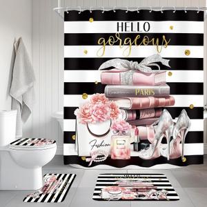 4Pcs Pink Black Girls Bathroom Sets with Shower Curtain and Rugs, Fashion Flower Perfume Toilet Lid Cover, Bath Mat, Women Girly White Striped High Heels Books Shower Curtain with 12 Hooks