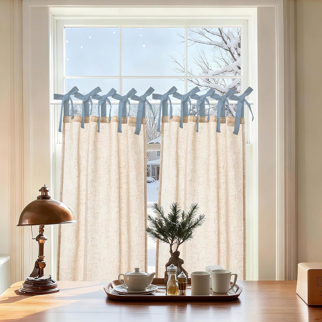 jinchan Linen Tie Top Curtains 36 Inch Length Farmhouse Cafe Curtains Set of 2 for Bedroom Bathroom Rustic Small Windows Light Filtering Crude Panels with Blue Ties