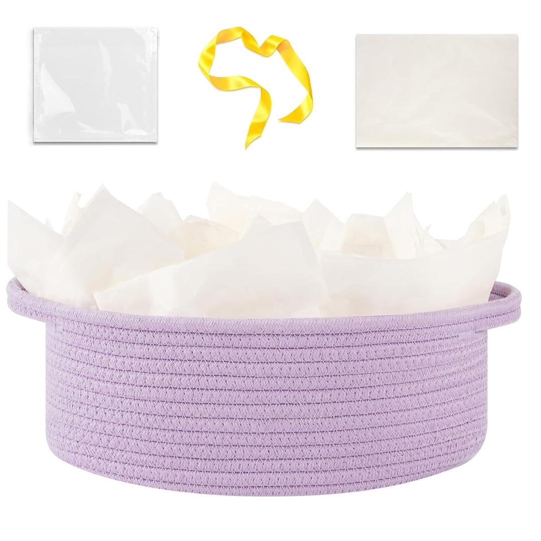 OIAHOMY Gift Basket with Handle, Small Woven Basket with Gift BagRibbon and Wrap Tissue PaperNursery Bins Empty to Fill with Small Items, BabyPet Toy Organizer - Lilac Purple (12"x 8"x 5")
