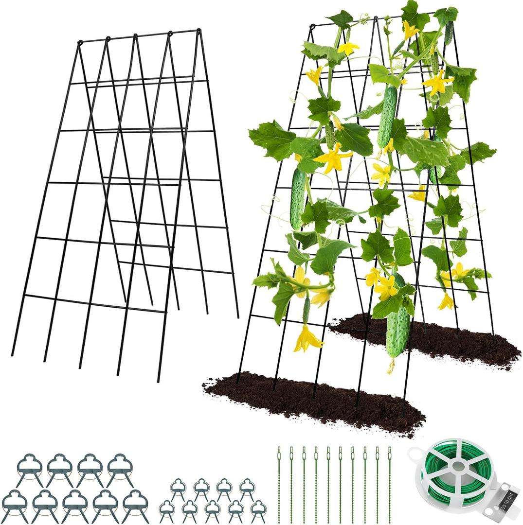 Cucumber Trellis for Raised Bed, Rifny 16.5 x 40 Inch Metal Trellis for Climbing Plants Outdoor with Plant Clips Twist Ties, Garden Plant A-Frame Trellis for Vegetable Pea Tomato (Black, 2 PCS)