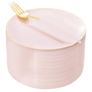 I00000 144PCS Pink Plastic Dessert Plates with Disposable Forks, Premium Pink Cake Plates, Fancy Apetizer Plate with Gold Rims Perfect for Party