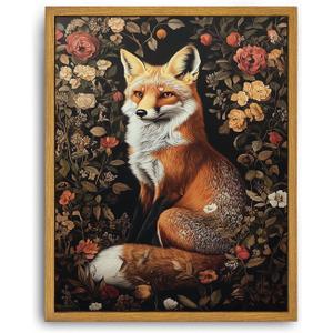 Framed Vintage Wall Art, Vintage Dark Academia Fox Paintings Wall Decor, Woodland Animal Canvas Wall Art Prints Wildlife Botanical Floral Pictures Boho Artwork for Bedroom Living Room 16x24in