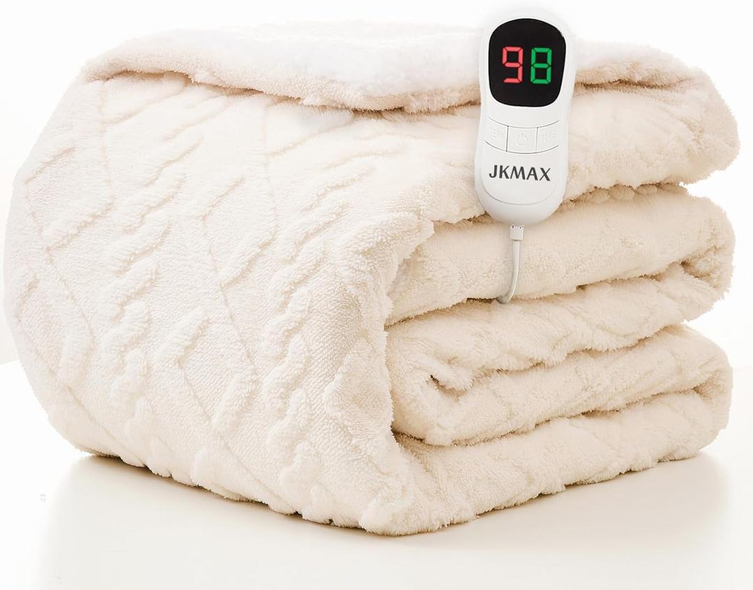 JKMAX Heated Electric Blanket Full Size-72"x84" Heating Blanket with 10 Heating Levels & 5 Time Settings Over-Heat ProtectionWinter Warmer for Adults with ETL CertificationCream