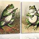 Vintage Musical Frogs Wall Art, 2 Piece Set, Funny Frog Playing Instruments Canvas Prints for Bedroom Living Room Bathroom Decor, 12x16 Inches Framed