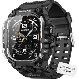 AmBand Compatible with Apple Watch Ultra 2/1 Bands Case 49mm for Men, M3 Rugged Cover Military Sport Strap with Glass Screen Protector, Heavy Duty Protective Bumper for iWatch 49 mm - Matte Black (49mm - Ultra 2/Ultra)