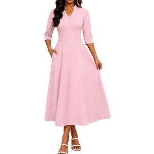 Womens 3/4 Sleeve V-Neck Midi Dress with Pockets A-Line Fit and Flare Tea Length Modest Formal Wedding Guest Church (M)
