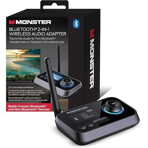 Monster Bluetooth Transmitter & Receiver, 2in1 Bluetooth Audio Adapter, Stream to/from NonBluetooth Devices, Stream TV to 2 Headphones, 33 ft Range, Analog & Digital, TV USB Powered, 3.5mm Aux Port