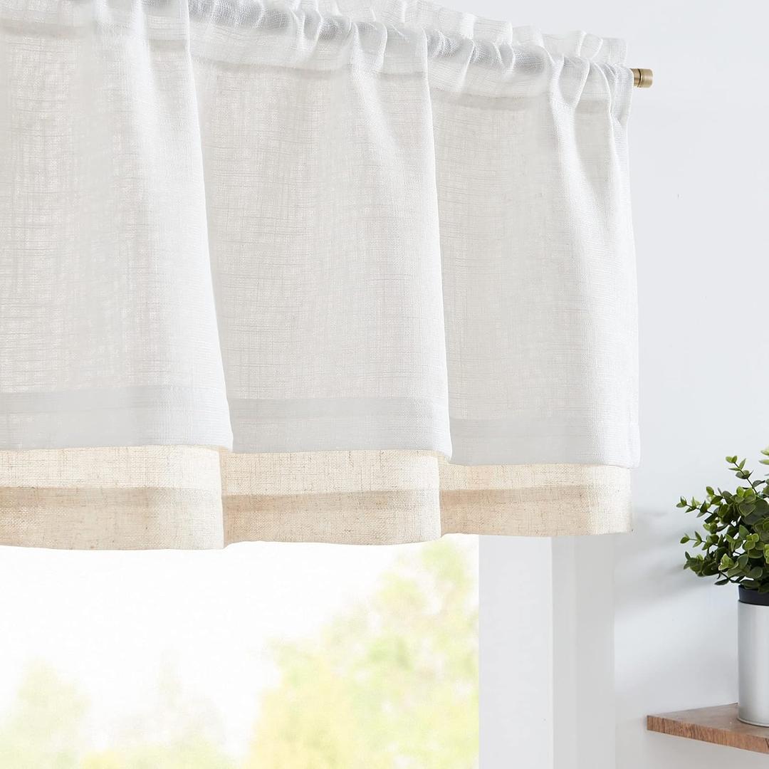 jinchan Linen Farmhouse Valances for Living Room Windows 16 Inch Slubbed Crossed Double Layer Window Valances Light Filtering Rustic Country Overlay Rod Pocket 2 Panels White
