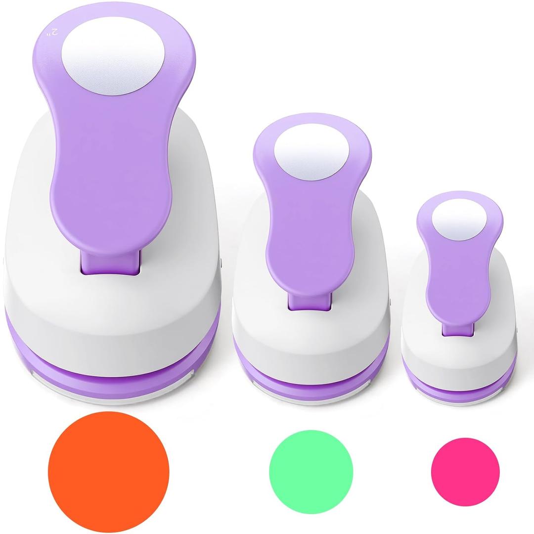 Chengu 3 Pack Craft Paper Punch Circle 2, 1 and 5/8 Inch Punch Paper Punchers Round with 10 Pcs Sticker, Cutter Purple for Card Making Scrapbook DIY Albums Photos Office Supplies