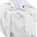 Tissue Box Cover Square,Decorative Leather Cube Tissue Box Holder with Magnetic Bottom,Facial Paper Organizer Table Napkin Case Dispenser for Bathroom,NightStand,Coffee Car,Home,Office (Large, White Marb)
