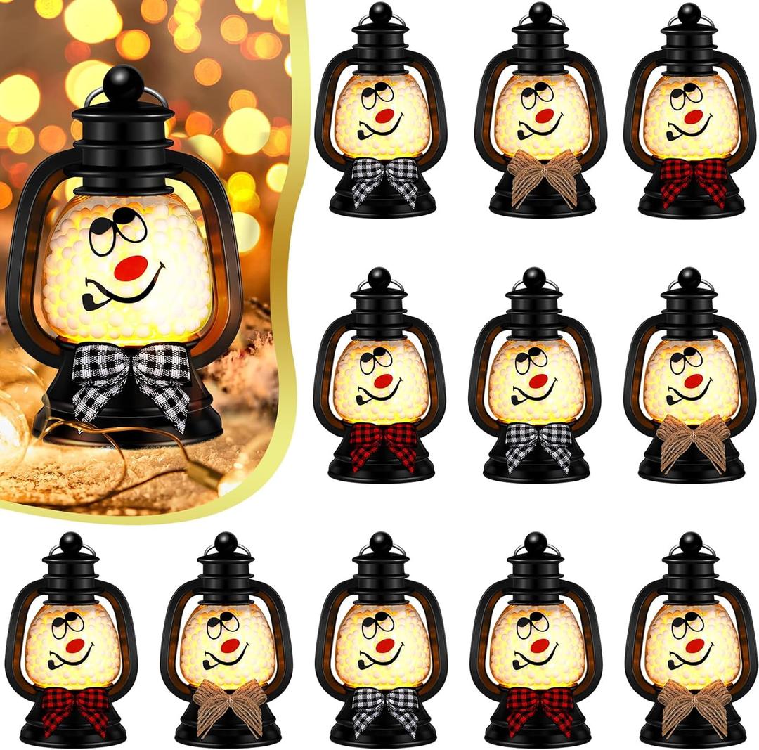 ROCEEI 12 Pcs Christmas Mini Snowman Lanterns Decorative with Flickering LED Candles Buffalo Plaid Bow Small Winter Portable Tabletop Centerpiece for Xmas Tree Indoor Outdoor Party Decor (Black)