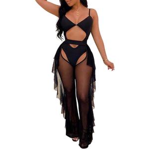 Women 2 Piece Outfits Bikini Swimsuit - Sexy See Through Mesh Crop Top Ruffle Long Pant Jumpsuits Beach Cover Up (XX-Large)