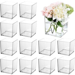 12 Pcs Clear Square Vases Acrylic for Centerpieces-4'' x 4'' Cube Square Flower Vase Bulk, Plastic Vases Container for Flowers Centerpieces Office Home Table Wedding Floral Plant