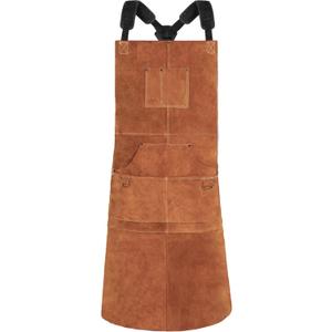 QeeLink Leather Welding Apron with 6 Pockets - Heat & Flame-Resistant Apron, 24'' X 42'', Adjustable M to XXXL (Brown)