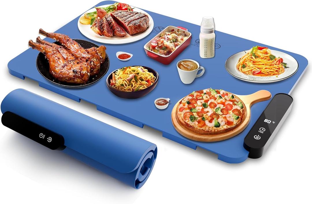 Electric Warming Tray, Rollable Food Warming Mat with 5 Temperature 6 Timer Setting Fast Heating Food Warmer Electric Warming Hot Plates Trays (blue)