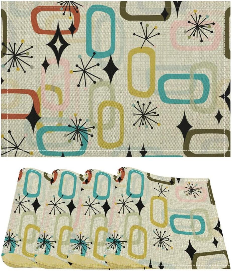 Mid Century Modern Placemats Set of 4 Retro 60s Minimalist Art Printed Dining Table Mats for Restaurant Home Kitchen Holiday Party Wedding Decor 12x18in