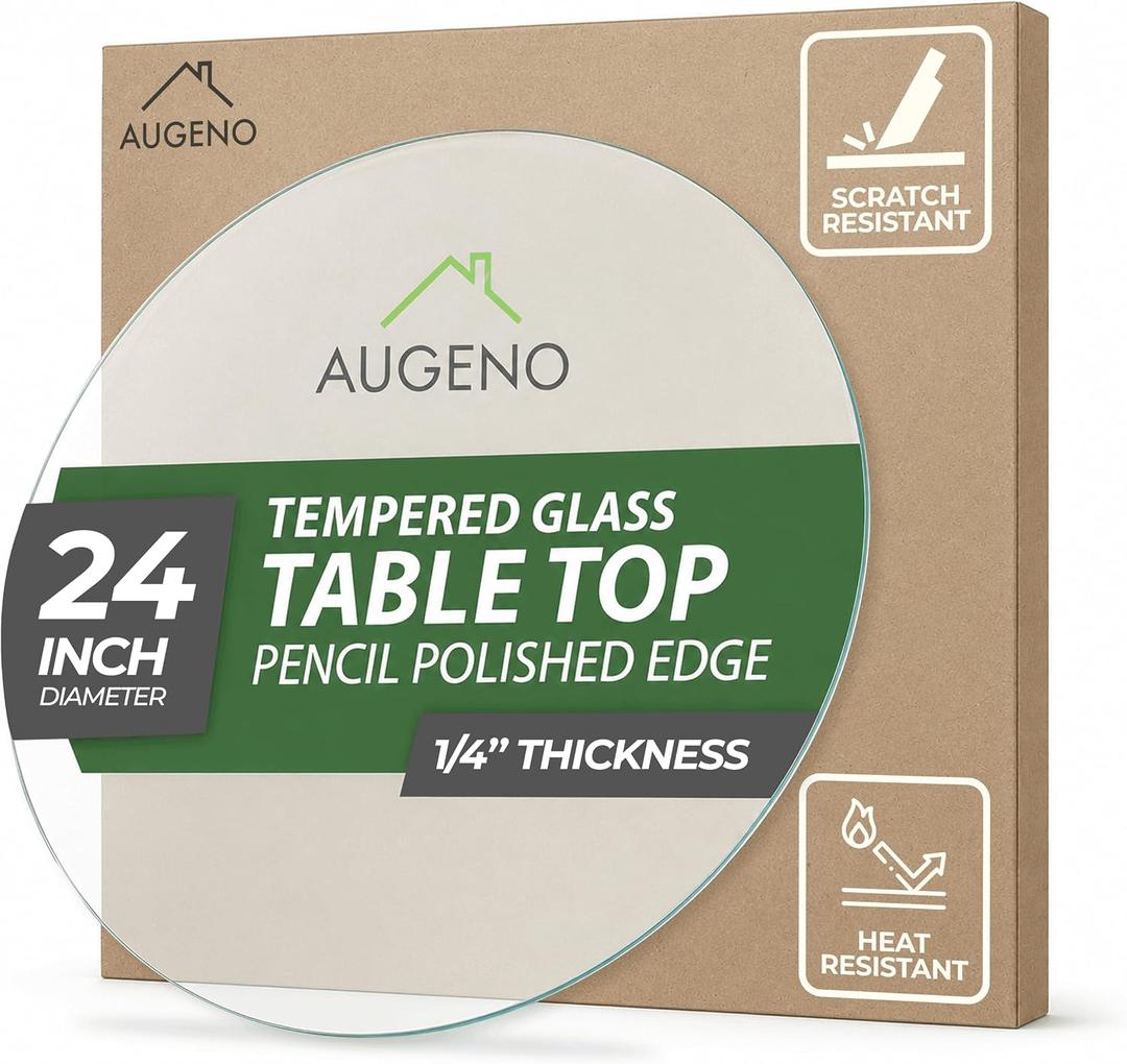 24 inch Round 1/4" (6 mm) Thick Pencil Polished Edge Glass Table Top with 6 Bumpers - Tempered, Scratch Resistant & Safety Replacement Glass Designed for Dining, Coffee, Patio & End Tables