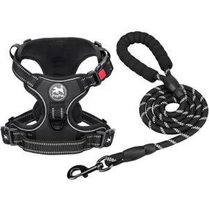 PoyPet Dog Harness and Leash Combo, Escape Proof No Pull Vest Harness, with 5 Feet Leash, Reflective Adjustable Soft Padded Pet Harness with Handle for Small to Large Dogs(Black,M)